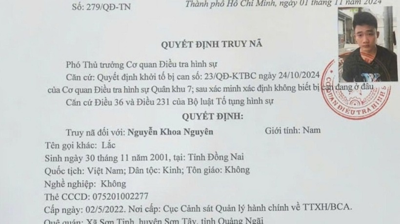 Quyết định truy nã Nguyễn Khoa Nguyên. Ảnh: Bảo vệ pháp luật.