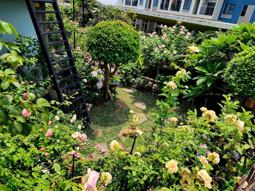 Khu vực sân thượng rộng 115m2 này được thiết kế khéo léo, một phần được cải tạo thành không gian phòng ăn và khu vực nướng BBQ để gia đình quây quần hoặc tiếp đón bạn bè, phần còn lại dành trọn cho niềm đam mê trồng trọt. Do căn hộ penthouse có cầu thang riêng dẫn lên sân thượng và không gian này vốn được quy hoạch cho việc trồng cây nên hệ thống chống thấm luôn được đảm bảo.