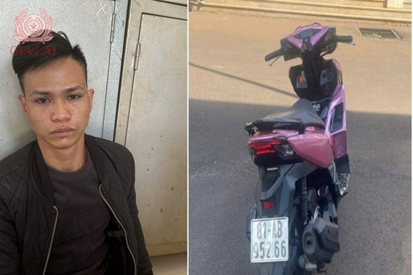 Ngô Văn Đạt và xe mô tô mượn của Rmah Sơn. Ảnh: Công an Gia Lai