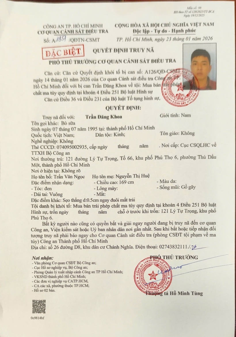 Quyết định truy nã Trần Đăng Khoa. (Ảnh: Công an tỉnh Gia Lai)