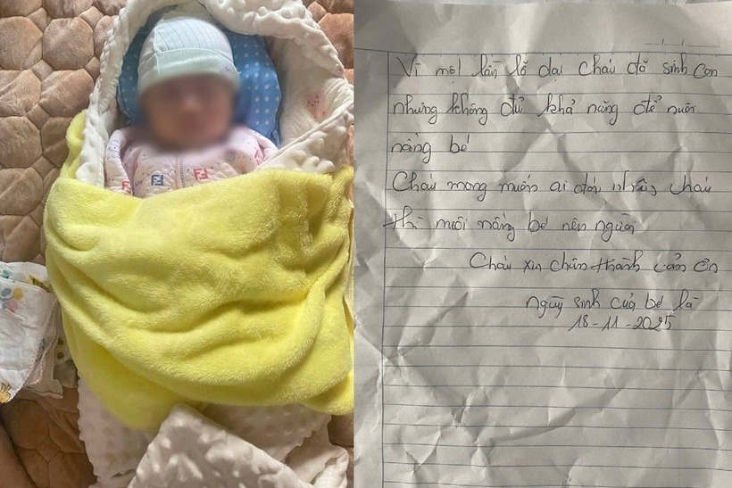 Cháu bé 3 tháng tuổi bị bỏ rơi kèm theo tờ giấy viết tay. Ảnh: Báo Công lý.