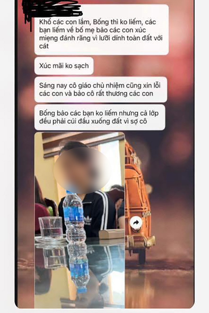 Phụ huynh "tố" cô giáo bắt học sinh liếm đất được đăng tải trên mạng xã hội. Ảnh: VietNamnet