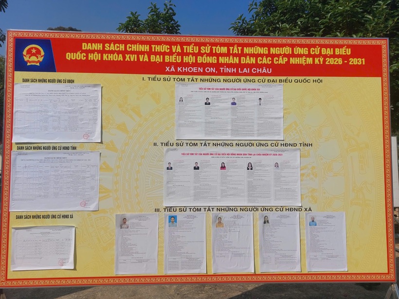 Bảng niêm yết danh sách ứng viên ứng cử đại biểu Quốc hội và HĐND các cấp tại xã Khoen On, tỉnh Lai Châu (Ảnh: Hoàng Đức).
