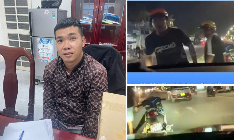 V.T.P lái xe máy vượt lên chặn đầu chiếc taxi đang chở khách để thách thức vì không nhận được lời xin lỗi sau va chạm giao thông. Ảnh: Dân Việt