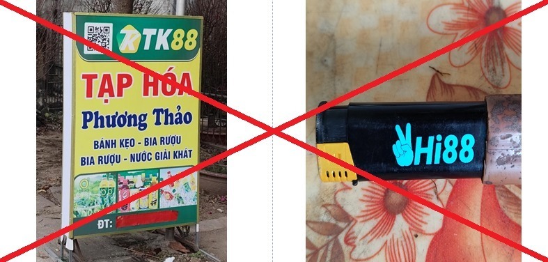 Một số vật dụng, biển hiệu in tên các website, ứng dụng có tính chất cá độ, cờ bạc trực tuyến. Ảnh: Công an tỉnh Hưng Yên