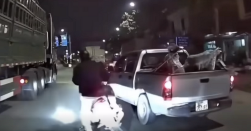 Tài xế lái ô tô bán tải tạt đầu xe máy chở trẻ nhỏ khiến các nạn nhân suýt ngã vào gầm ô tô tải. (Ảnh cắt clip)