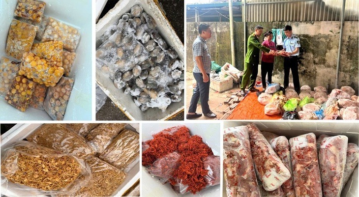 Lực lượng chức năng tỉnh Thanh Hóa kiểm tra, phát hiện nhiều thực phẩm không rõ nguồn gốc xuất xứ. Ảnh: Tuổi trẻ