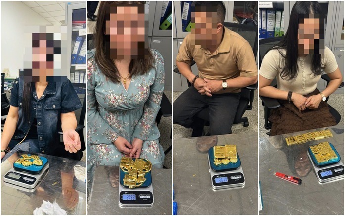 4 hành khách nhập cảnh từ Đài Loan (Trung Quốc) về Việt Nam cất giấu 12,3kg kim loại màu vàng, nghi là vàng miếng. Ảnh: Người lao động