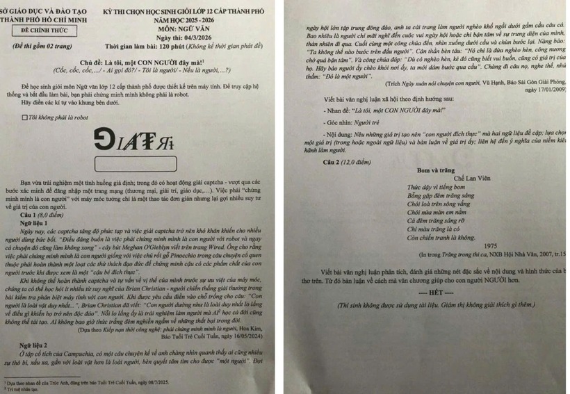 Đề thi môn Ngữ văn kỳ thi học sinh giỏi lớp 12 tại TP.HCM. Ảnh: Tiền phong