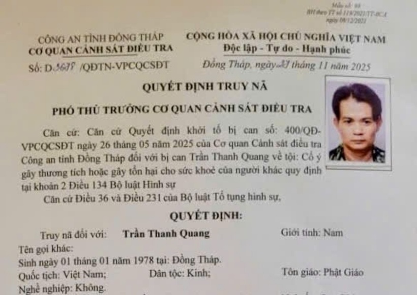 Quyết định truy nã Trần Thanh Quang. (Ảnh: Công an TP.Hải Phòng)