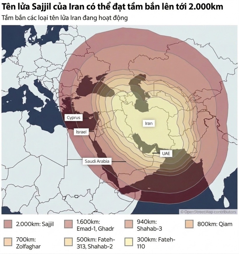 Số vụ phóng tên lửa của Iran đã giảm tới 86% chỉ trong 4 ngày sau khi hàng trăm địa điểm phòng không và căn cứ bị đánh phá. Ảnh:&nbsp;IISS.