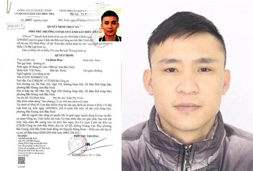 Quyết định truy nã đối với Vũ Đình Phúc. Ảnh: Công an Bắc Ninh