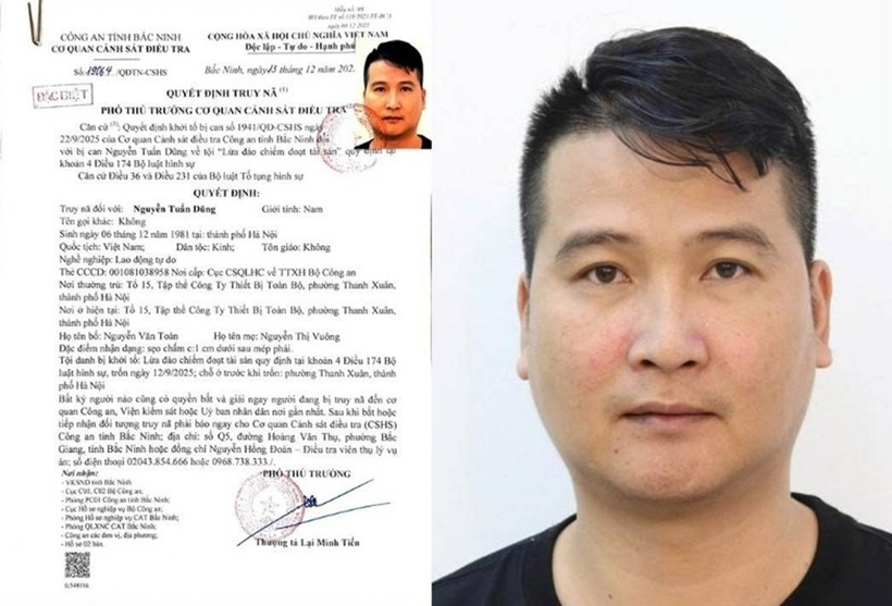 Quyết định truy nã đối với Nguyễn Tuấn Dũng. Ảnh: Công an Bắc Ninh