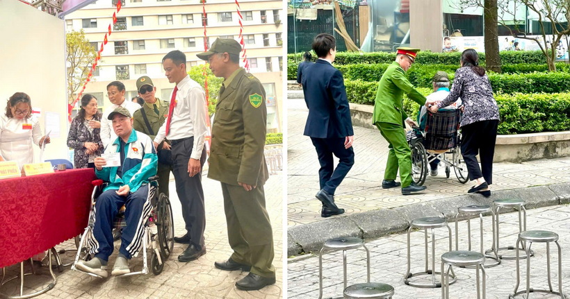 Công an phường Yên Nghĩa, TP Hà Nội hỗ trợ cử tri sức khỏe yếu đi bầu cử.