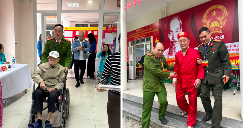 Các chiến sĩ công an phường Thanh Liệt, TP Hà Nội nhẹ nhàng dìu các cụ già lên bậc thềm, hỗ trợ đưa xe lăn vào khu vực bỏ phiếu.