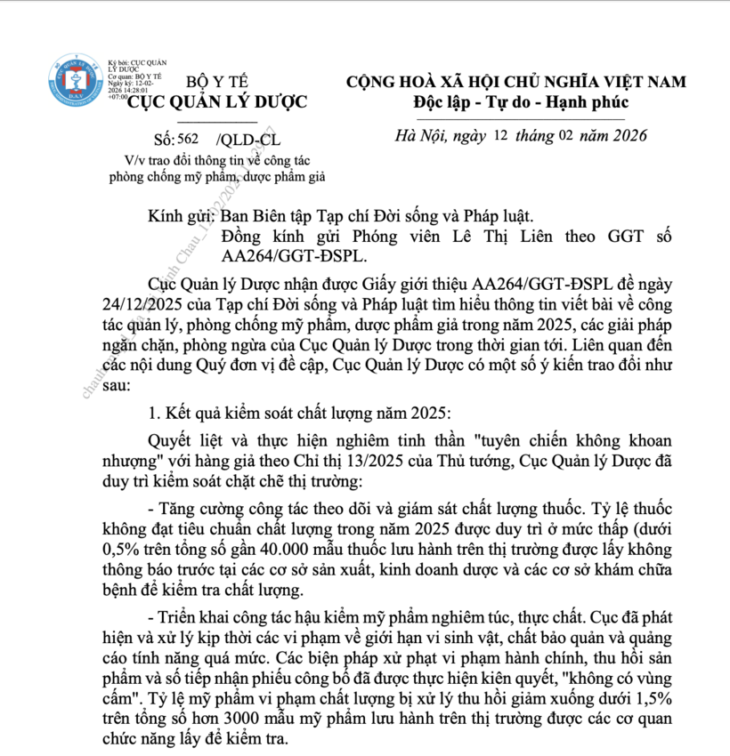 Cục Quản lý Dược gửi văn bản phản hồi tới Đời sống và Pháp luật về công tác quản lý, phòng chống mỹ phẩm, dược phẩm giả trong năm 2025 và giải pháp ngăn chặn trong thời gian tới.