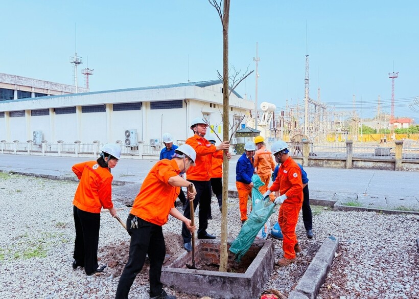 Đồng chí Đỗ Trung Kiên, Bí thư Đảng ủy, Giám đốc Công ty cùng cán bộ, công nhân trồng cây trong khuôn viên Công ty Nhiệt điện Uông Bí