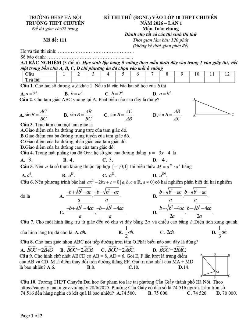 Đề thi thử vào lớp 10 môn Toán Trường Chuyên ĐH Sư phạm Hà Nội 2026 - 1