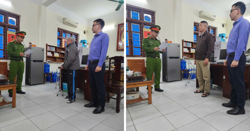 Cơ quan Cảnh sát điều tra&nbsp;tống đạt quyết định khởi tố cho bị can Đinh Đồng Phiên và Vũ Quang Phúc. (Ảnh: Công an Bắc Ninh)