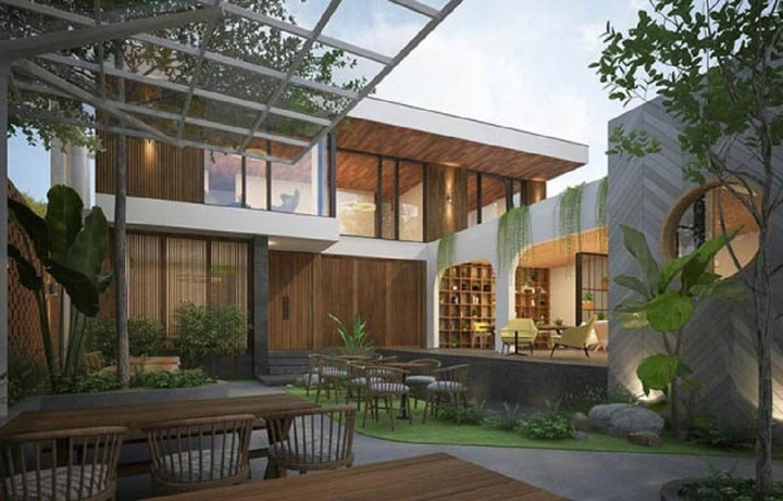 Mẫu thiết kế nhà ở kết hợp sân vườn với mặt bằng kinh doanh đẹp, nhiều góc thiết kế đẹp. Ảnh: enhome