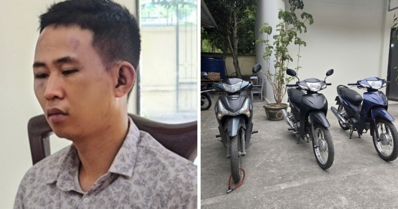 Đối tượng Nguyễn Công Tiến cùng tang vật tại cơ quan công an.