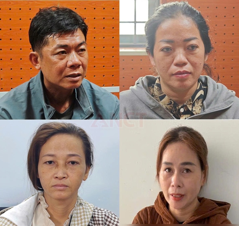Các nghi phạm Nguyễn Văn Tâm, Nguyễn Thị Yến Linh, Nguyễn Thị Thùy, Lê Thị Lài. (Ảnh: ANCT)