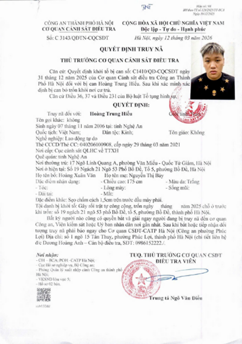 Quyết định truy nã Hoàng Trung Hiếu