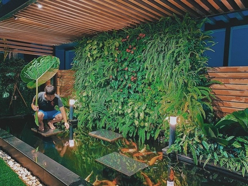 Không gian sân thượng còn trở nên sinh động hơn nhờ sự hiện diện của hồ cá Koi và ao sen rực rỡ vào mùa hè. Anh Tùng cho biết hồ cá không chỉ có tác dụng điều hòa, làm mát không khí mà còn là nơi thư giãn lý tưởng cho cả người lớn và trẻ nhỏ sau những giờ làm việc căng thẳng. Sự kết hợp giữa tiếng chim bồ câu ríu rít và sắc xanh của cây lá đã biến căn hộ của anh thành một ốc đảo yên bình giữa lòng phố thị.