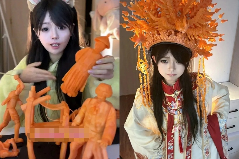 Chỉ bằng cách dùng răng cắn và gọt cà rốt, cô có thể tạo ra nhiều tác phẩm tinh xảo. Ảnh: Saostar.