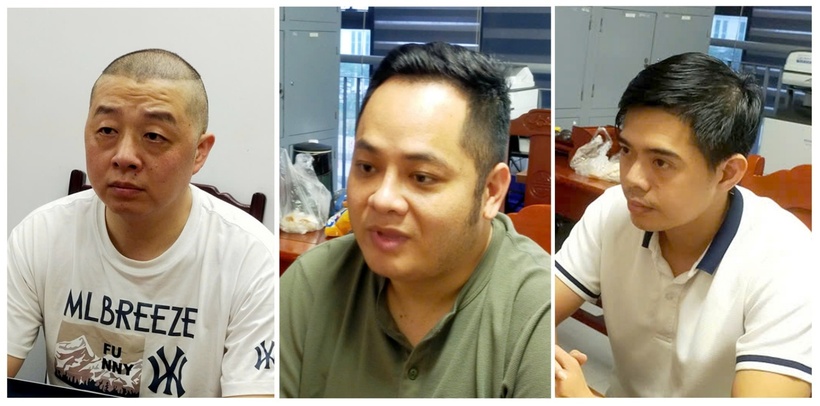 Các đối tượng Xiang Guoquan, Trần Việt Huy, Võ Tấn Hiệp (từ trái qua phải). (Ảnh: Công an tỉnh Thanh Hóa)