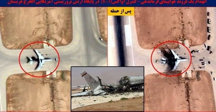 Iran đăng ảnh vệ tinh máy bay “Mắt thần” của Mỹ bị phá hủy hoàn toàn (Ảnh: X).