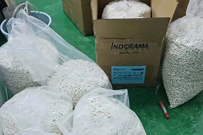 Tang vật viên nén giả thực phẩm chức năng bị thu giữ tại xưởng sản xuất của các đối tượng. (Ảnh: Công an tỉnh Thanh Hóa)