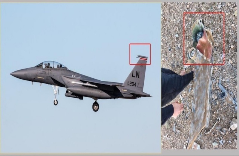 Bức ảnh mảnh vỡ máy bay bị IRGC bắn rơi trên bầu trời Iran vào ngày 3/4/2026&nbsp;phù hợp với phần đuổi của tiêm kích F-15E Strike Eagle của Không quân Mỹ. Ảnh: Telegram