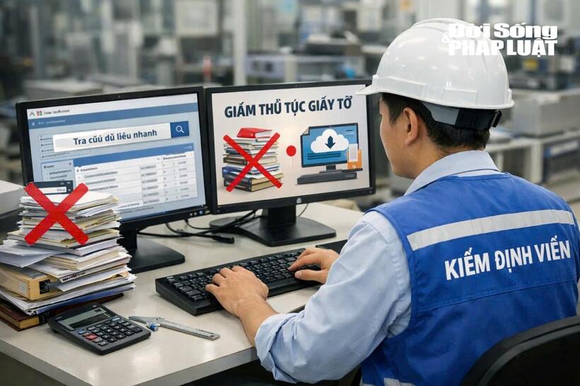 ẢNhân viên kiểm định thao tác trên hệ thống máy tính, tra cứu dữ liệu nhanh chóng, góp phần giảm thiểu thủ tục giấy tờ và nâng cao hiệu quả xử lý công việc. Ảnh minh họa