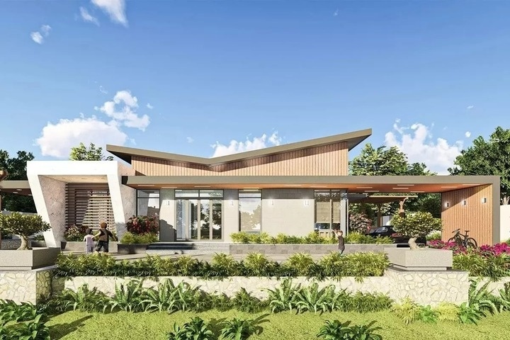 Mẫu nhà mặt tiền 12m, sâu 6m được thiết kế phù hợp làm khu nghỉ dưỡng với sân vườn thoáng đãng. (Ảnh: Vinavic)