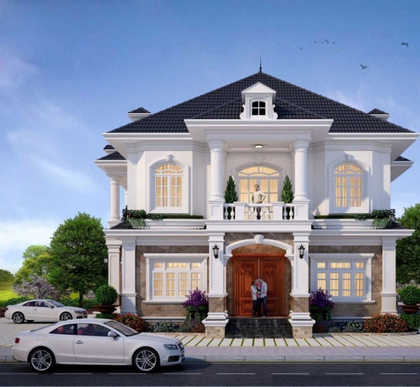 Mẫu nhà mặt tiền 12m sang trọng với mái Thái, cột trụ lớn cùng cửa kính tối ưu ánh sáng tự nhiên. Thiết kế hài hòa, tiện nghi