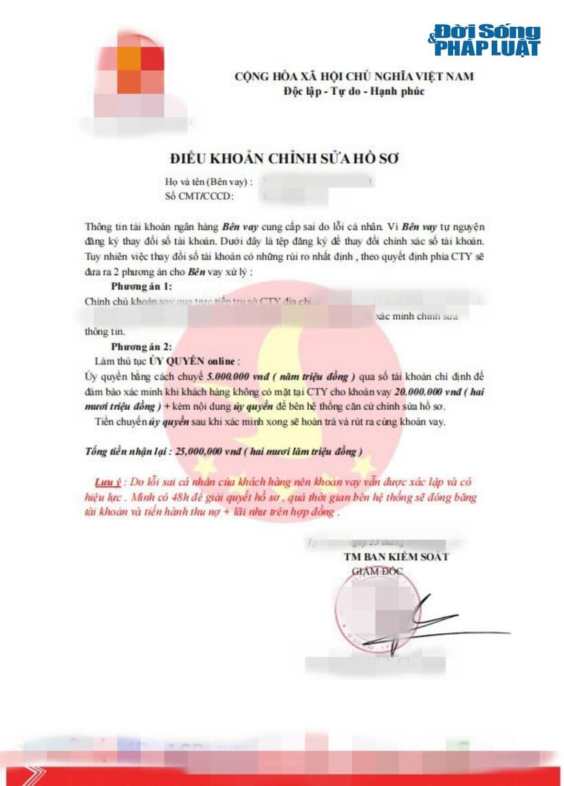 Sau khi được thông báo nhập sai số căn cước khi làm thủ tục hồ sơ vay, anh T nhận được tờ điều khoản chỉnh sửa hồ sơ với phí 5 triệu đồng