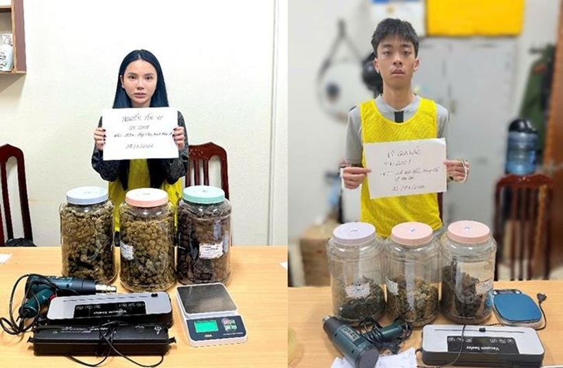 Đối tượng Nguyễn Yến Vy (bên trái)và Lê Gia Bảo (bên phải) cùng tang vật