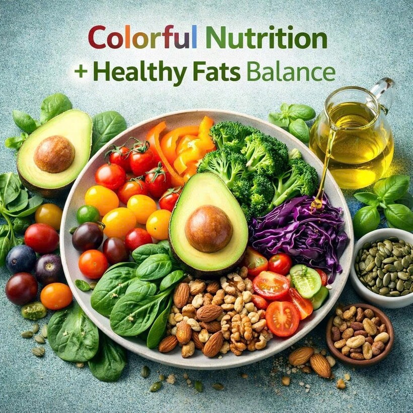 Sự kết hợp các loại rau củ trong ăn uống giúp cơ thể bổ sung chất béo lành mạnh.