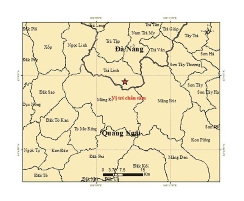 Vị trí động đất 5 lần tại xã Trà Linh. (Ảnh: IGP)