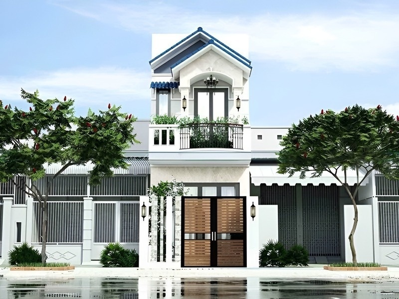 Nhà phố mái Thái 2 tầng 5x20 tuyệt đẹp, được bố trí hệ cửa lớn giúp căn nhà tràn ngập ánh sáng, khắc phục nhược điểm tối tăm của nhà ống.