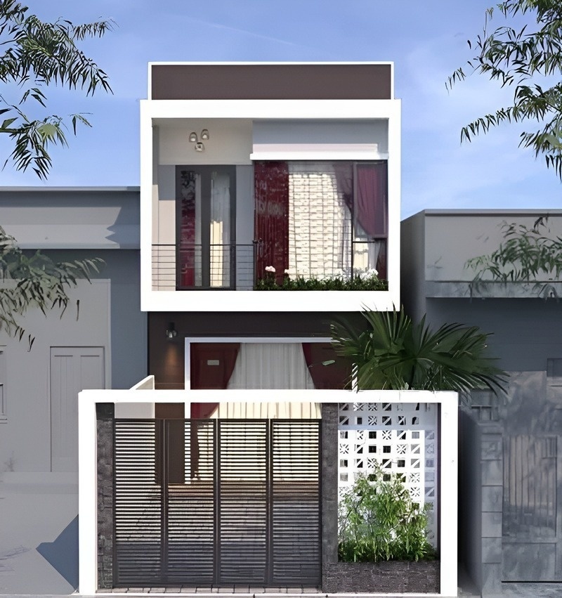 Nhà phố mái bằng 2 tầng 5x20 mang phong cách hiện đại, sang trọng với điểm nhấn là 2 mảng màu trắng - nâu kết hợp.