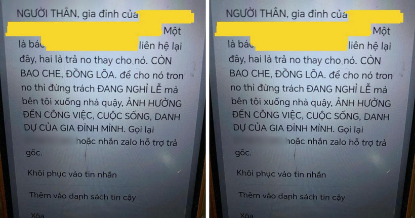 Những tin nhắn đòi nợ người thân của các đối tượng.