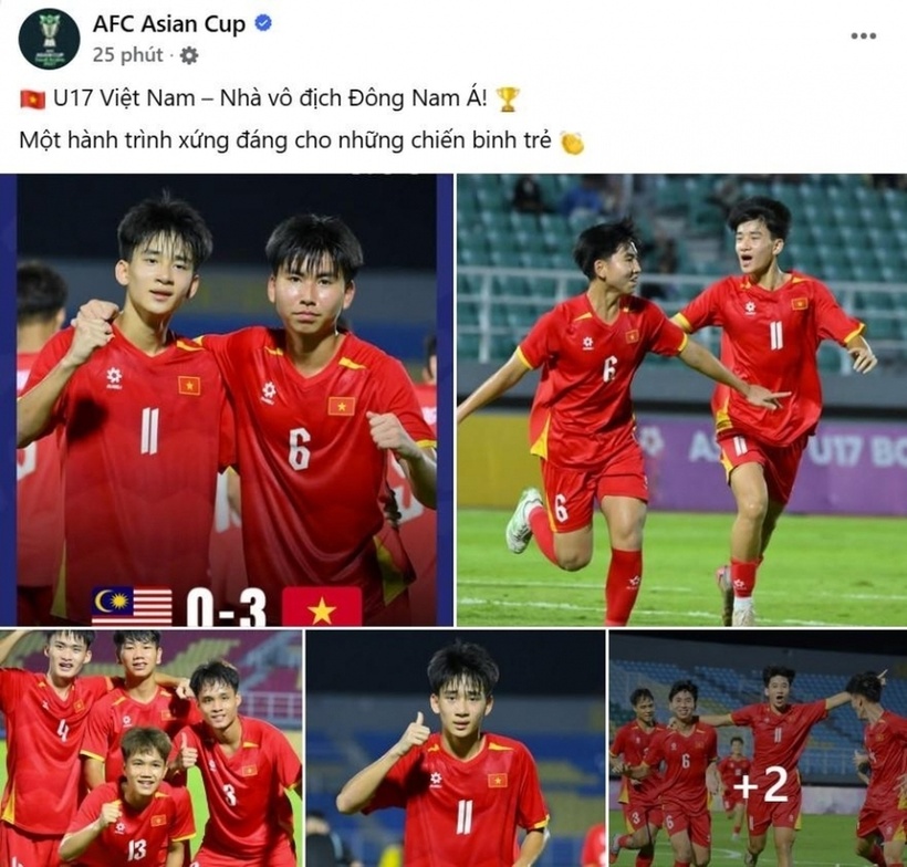 AFC chúc mừng U17 Việt Nam sau khi vô địch giải U17 Đông Nam Á. Ảnh: AFC
