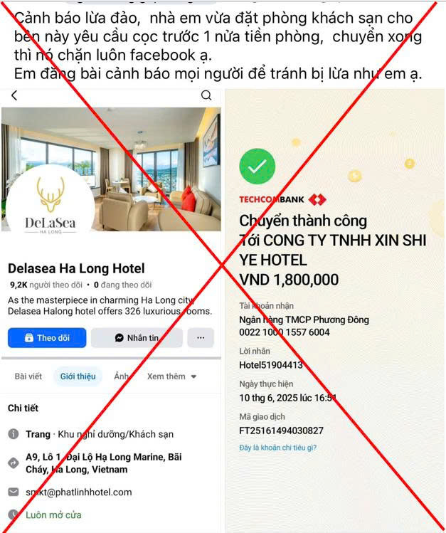 Fanpage lừa đảo nhận chuyển khoản 50% tiền đặt cọc phòng và chặn tài khoản Facebook khách hàng. Ảnh: Công an tỉnh Quảng Ninh.