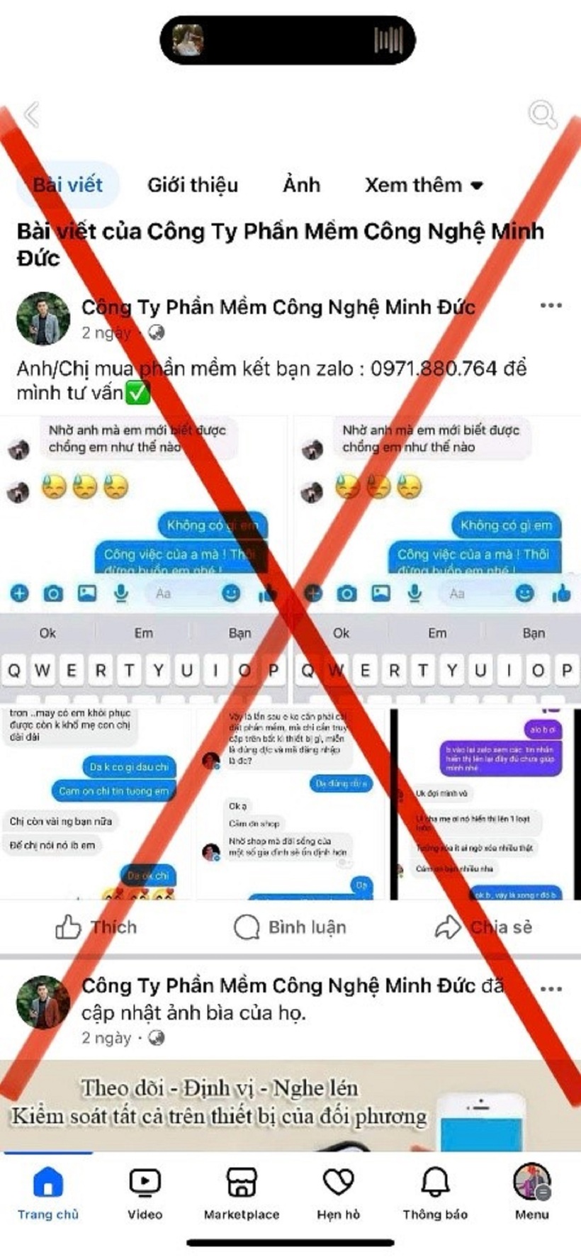 Một số tài khoản mạng xã hội Facebook rao bán, quảng cáo công khai dịch vụ cài đặt phần mềm theo dõi, định vị, nghe lén trên điện thoại di động. Ảnh: Công an tỉnh Cà Mau.