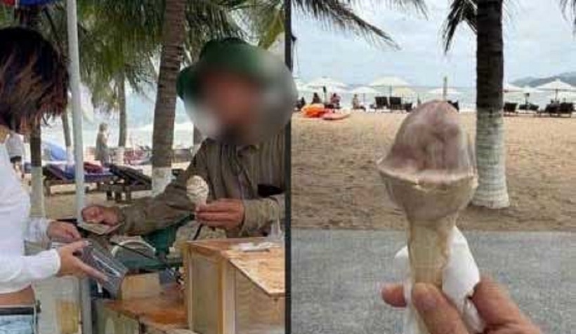 Hình ảnh du khách Thái Lan phản ánh về việc mua một cây kem giá 100.000 đồng ở khu vực bờ biển Nha Trang.