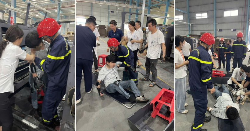 Lực lượng Cảnh sát PCCC và CNCH phối hợp cùng các lực lượng kịp thời giải cứu nạn nhân bị mắc kẹt trong máy sản xuất. (Ảnh: Công an Bắc Ninh)