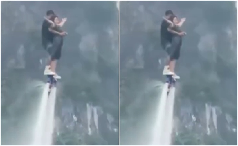 Hình ảnh khách du lịch và vận động viên biểu diễn flyboard trước khi gặp sự cố. (Ảnh: Người lao động)