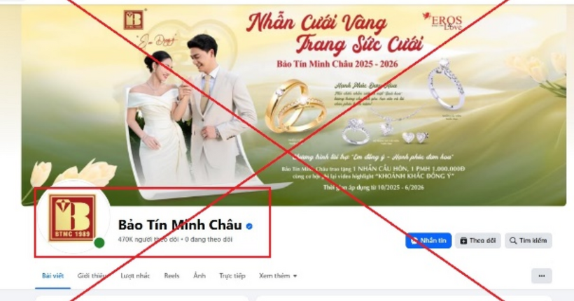 Trang Facebook giả mạo thương hiệu Bảo Tín Minh Châu. (Ảnh: CACC)